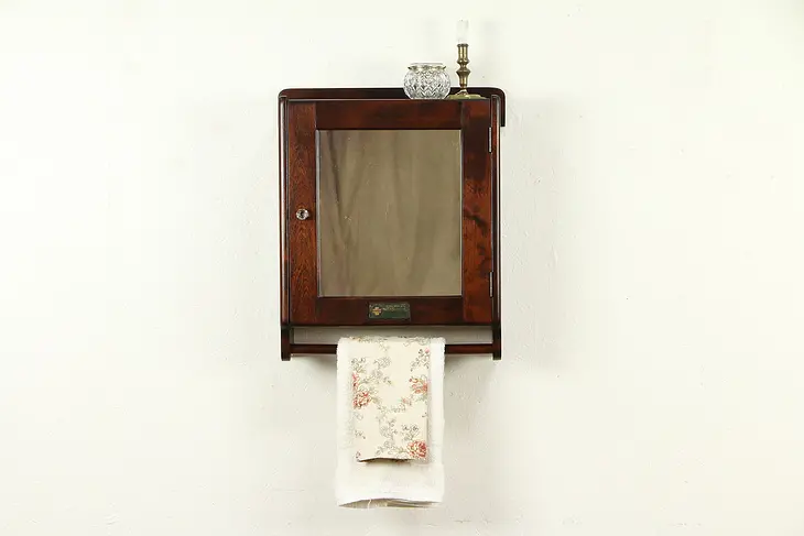 Barber Shop Hanging Antique Medicine Cabinet & Mirror, American Linen  #31982