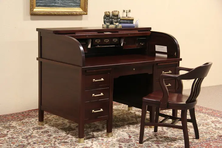 Clemco Chicago Arts & Crafts Antique 1910 Mahogany Roll Top Desk