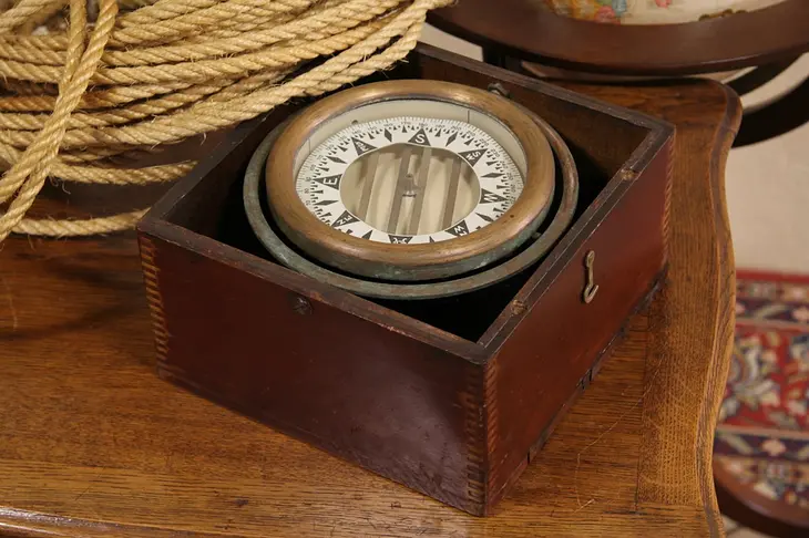 Ship Compass, 1920's Floating Gimbal & Case