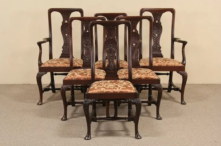 Set of 6 Antique 1900 Carved Dining Chairs, Signed Edwards of London