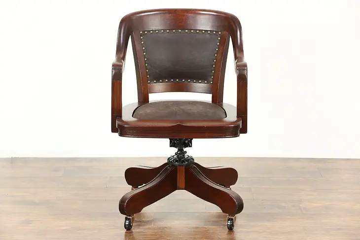 Swivel Adjustable Antique Desk Chair, Mahogany, Leather, Signed & Pat. 1914