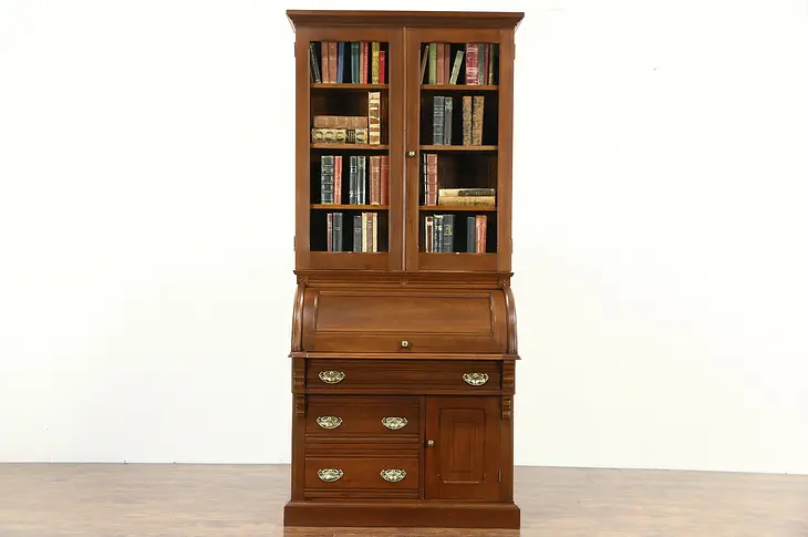 Victorian 1890 Antique Walnut Cylinder Roll Top Secretary Desk & Bookcase