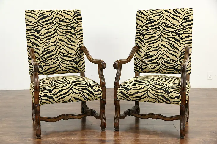 Country French Pair of Carved Hall or Fireplace Chairs, New Upholstery