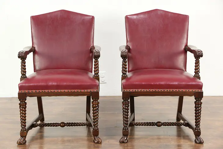 Pair of 1920's Antique Red Leatherette Chairs Carved Walnut