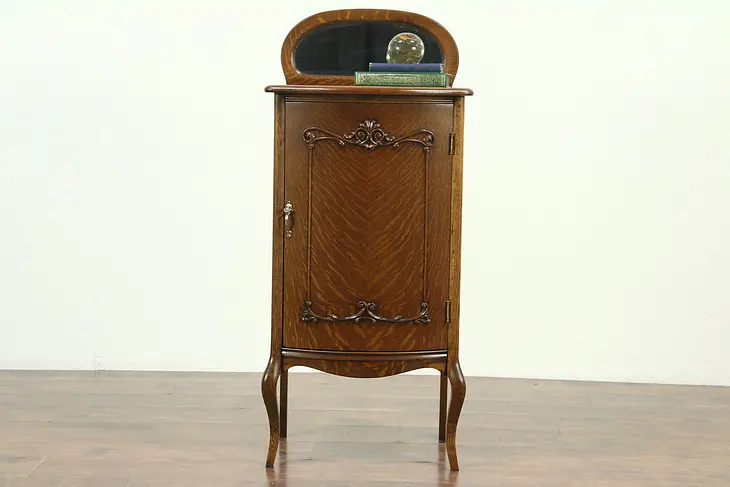 Victorian Oak 1900 Antique Music Cabinet, Beveled Mirror