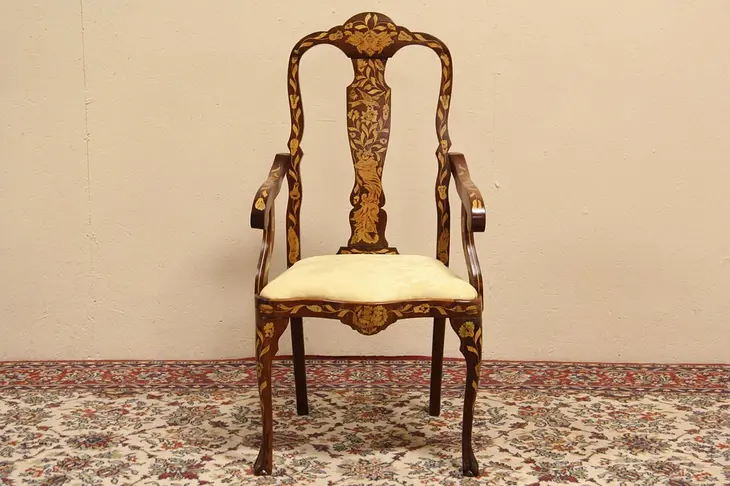 Dutch Colonial Antique 1890 Marquetry Armchair