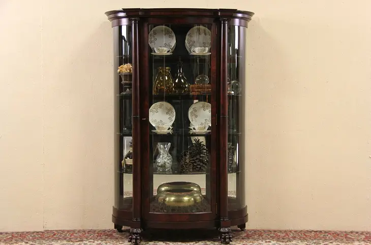 Empire 1900 Antique Mahogany Curved Glass China Curio Cabinet