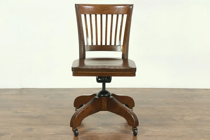 Oak Antique Swivel Adjustable Office or Library Desk Chair Gunlocke of NY #28868