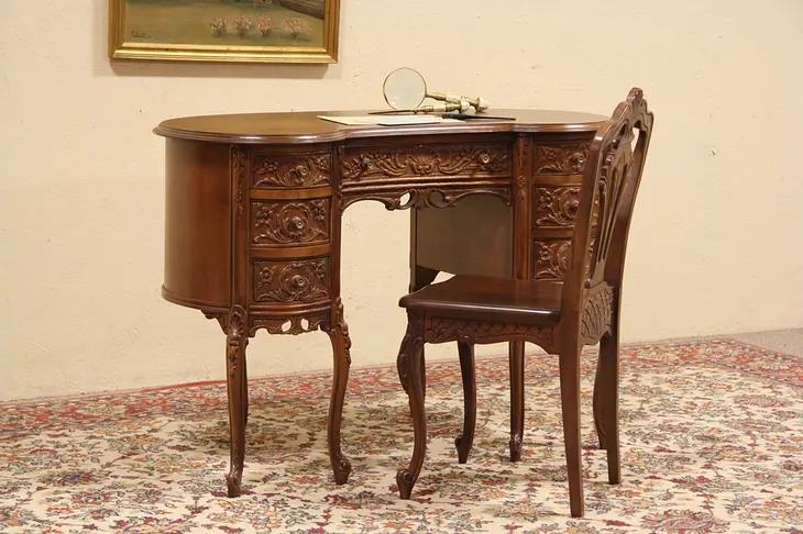 Carved Kidney Shaped 1920's Desk & Chair Set