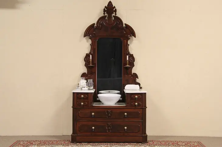Victorian 1870 Antique Marble Top Chest or Dresser & Mirror