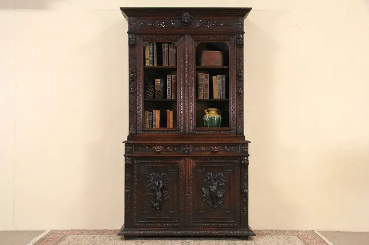 Black Forest 1880 Antique Carved Oak Bookcase China Hunt Cabinet