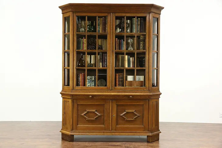 German 1915 Antique Oak Curio, Collector or China Display Cabinet