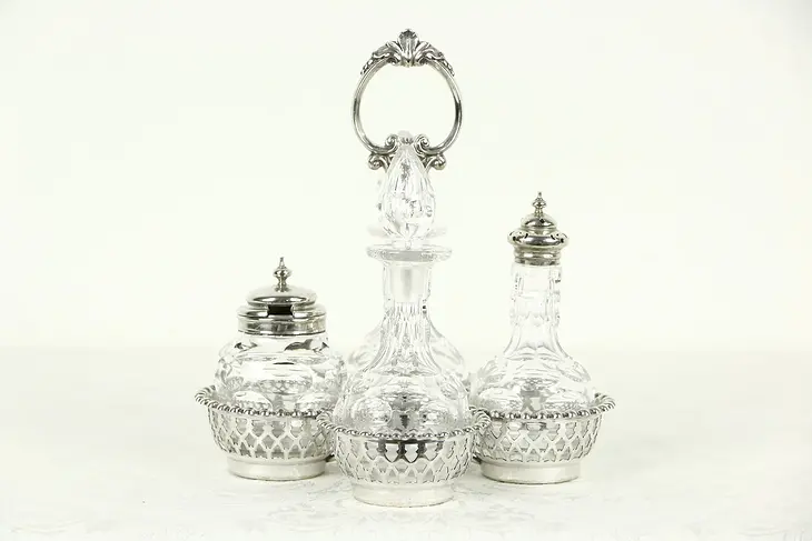 Victorian Silverplate & Cut Glass 1890 Antique Cruet or Castor Set, Signed PNS