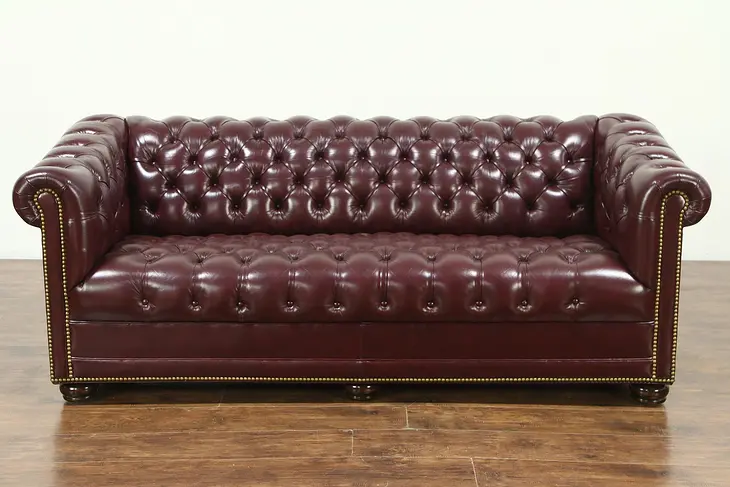 Chesterfield Tufted Leather Vintage Sofa, signed Hancock & Moore