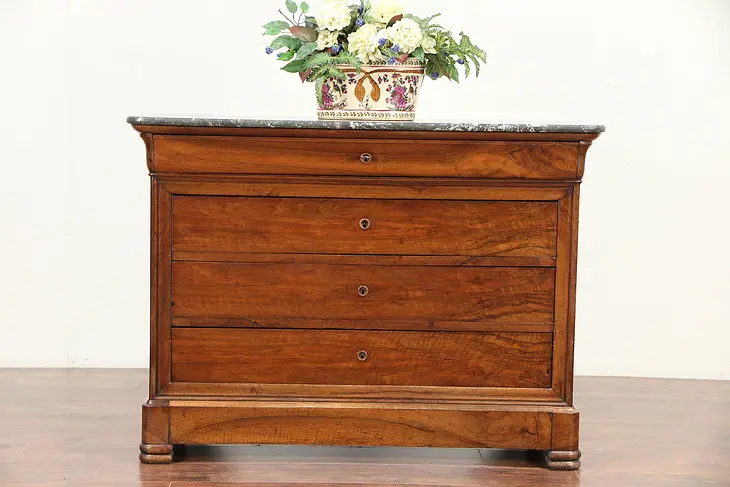 French Walnut Antique 1840 Linen Chest or Dresser, Marble Top #29821