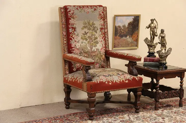 Oak & Needlepoint Antique 1890 Throne, Hall or Host Chair