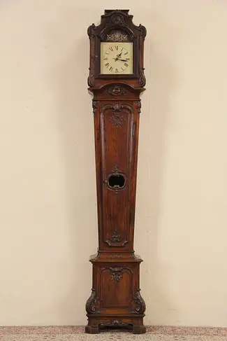 Country French Long Case Oak 1880 Antique Grandfather Clock, Quartz Movement