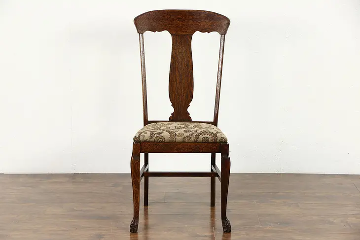 Oak Quarter Sawn 1900 Antique Desk or Side Chair, New Upholstery