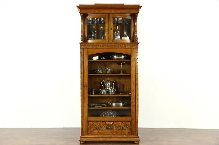 Oak Antique Bookcase or China Display Cabinet, Carved Birds & Gargoyle