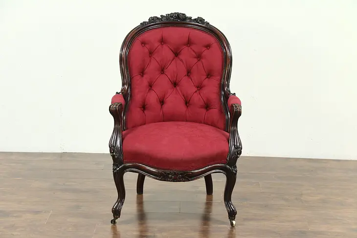 Victorian 1860's Antique Carved Walnut Chair, Recent Upholstery