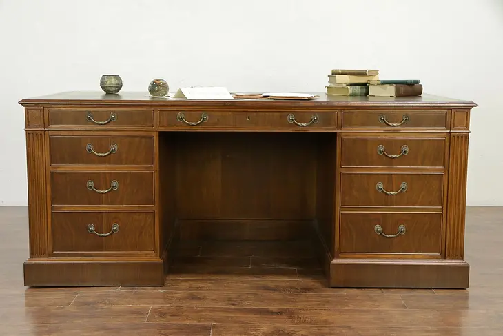 Traditional Vintage Custom Walnut Executive Office Desk, Tooled Leather #30084