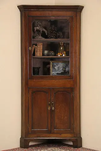 Oak 1900 Antique English Corner Cabinet, Wavy Glass Door