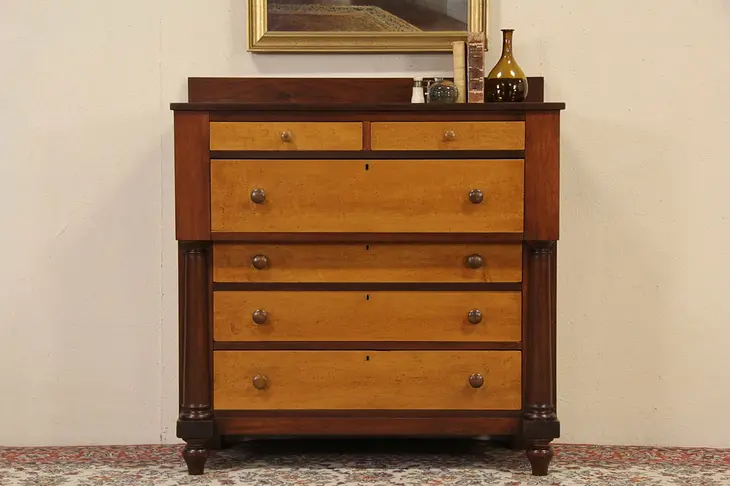 Empire Walnut & Curly Birdseye Maple Antique 1850 Chest or Tall Dresser