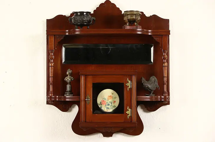 Victorian Eastlake 1880 Antique Cherry Wall Shelf & Cabinet, Beveled Mirror