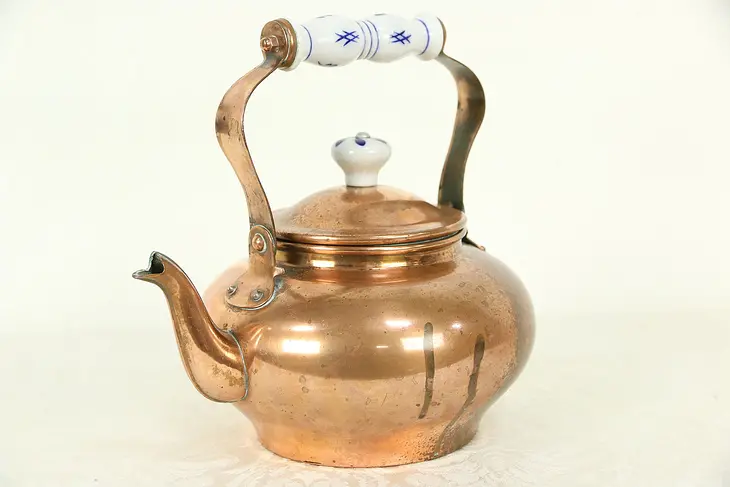 Copper Pot Belly Antique Tea Kettle, Delft Handles, Holland