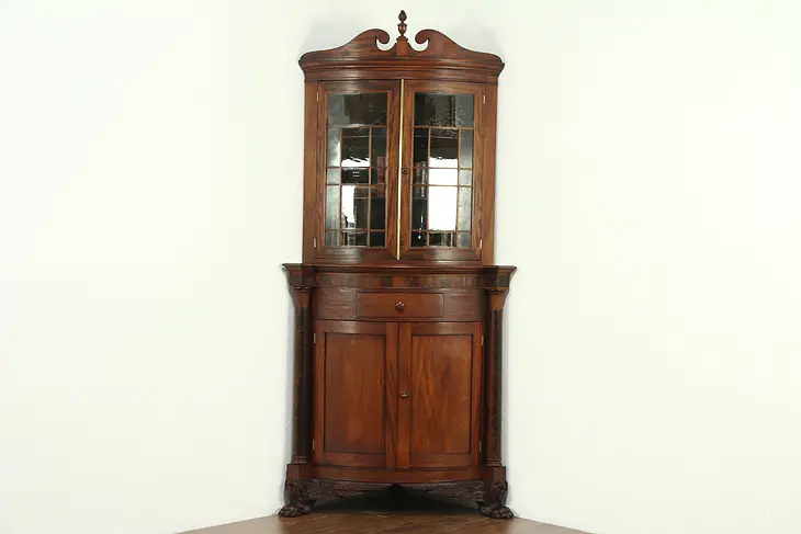 Empire Antique Corner Cabinet, Mahogany, Carved Paw Feet, Curved Glass