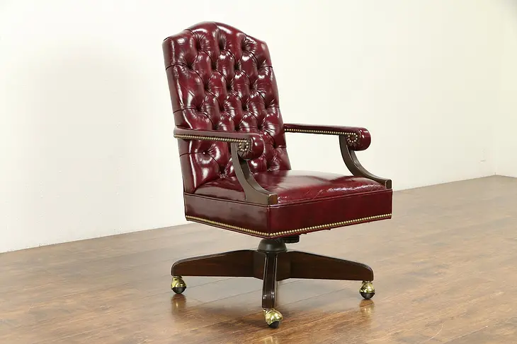Tufted Leather Swivel Adjustable Desk Chair, Signed Harden 1986 #31312