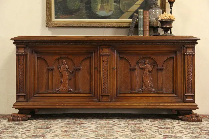 Carved Oak Low Cabinet or TV Console, Classical Figures, Lion Paws