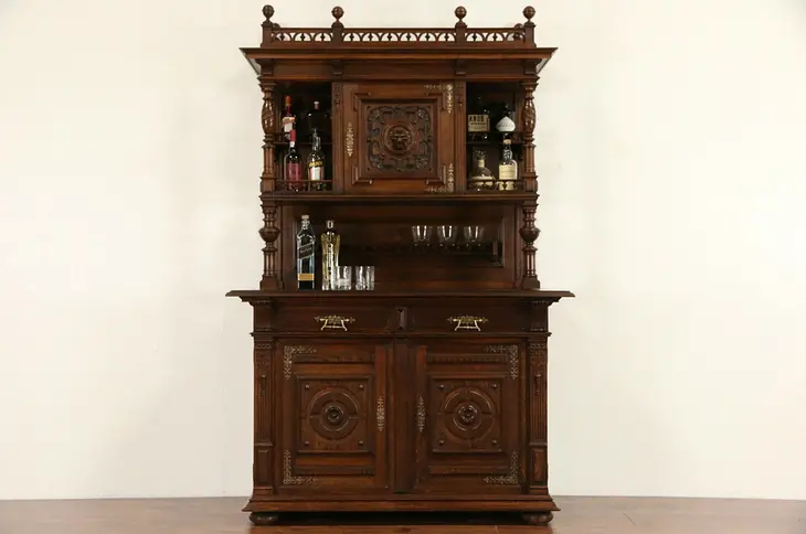 Oak 1880 Antique German Renaissance Cabinet or Back Bar, Carved Face & Galleries