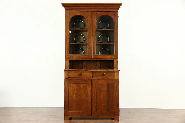 Pennsylvania Walnut 1850's Antique Bookcase or Cupboard, Wavy Glass Doors