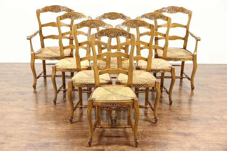 Set of 8 Country French Carved Oak Antique Dining Chairs, Rush Seats