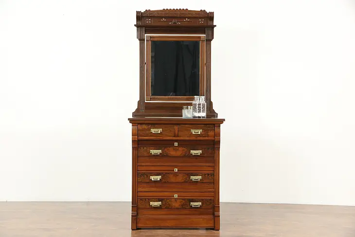 Victorian 1880 Antique Walnut Chest or Dresser & Mirror