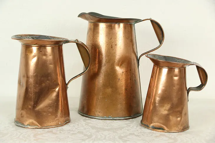 Copper Set of Three Graduated 1860's Antique Pitchers