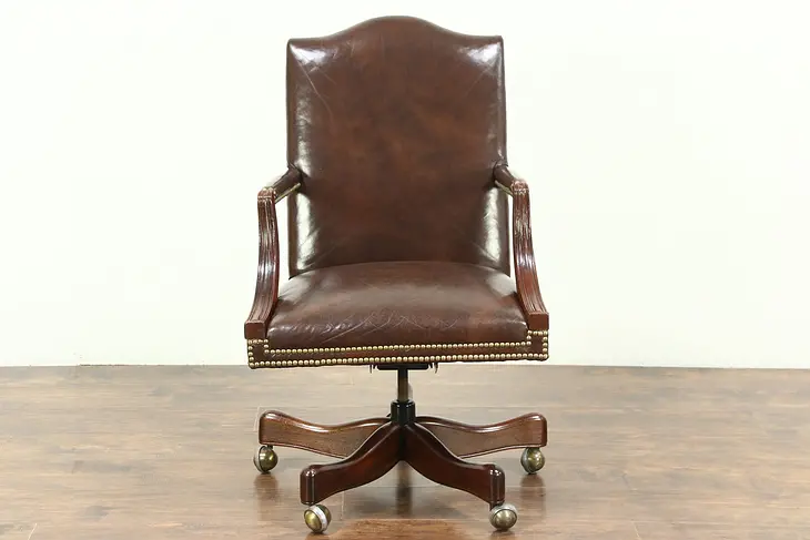 Mahogany & Leather Swivel Vintage Desk Chair, Signed Hickory