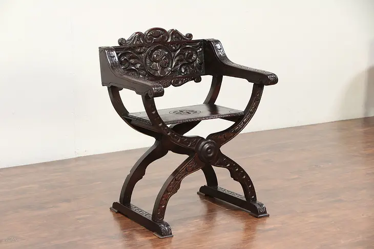 Savonarola Italian Roman Style Antique Pine Hall Chair, Carved Head #29846