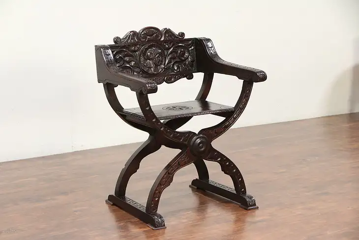 Savonarola Italian Roman Style Antique Pine Hall Chair, Carved Head #29846