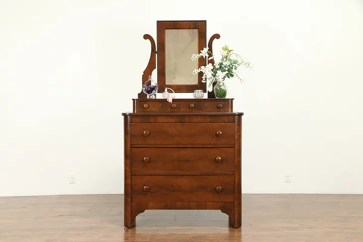Empire Antique Walnut & Flame Mahogany Chest or Dresser, Wavy Mirror #31026