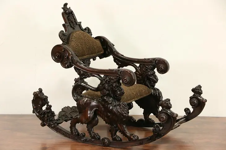 Swiss 1870 Antique Sleigh Rocker, Carved Lions and Figures