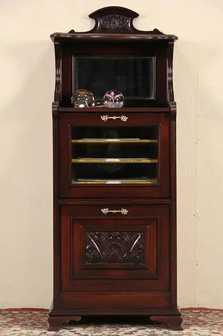 English 1880 Antique Music Cabinet, Beveled Glass & Mirror