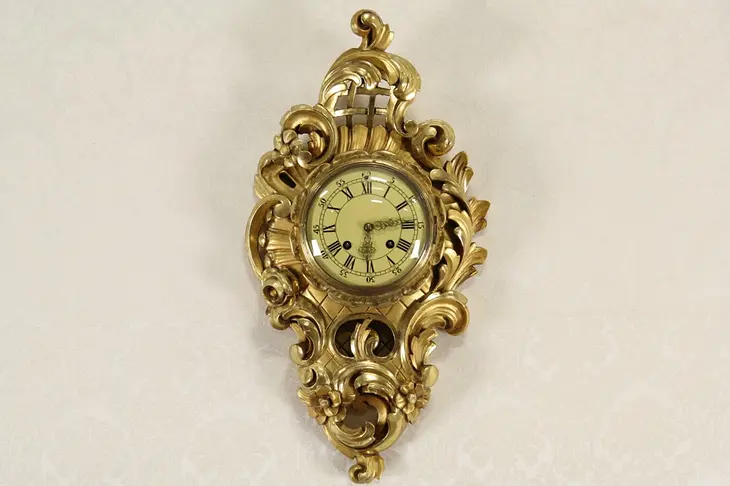 Swedish Westerstrand Gold Rococo Carved Vintage Cartouche Wall Clock