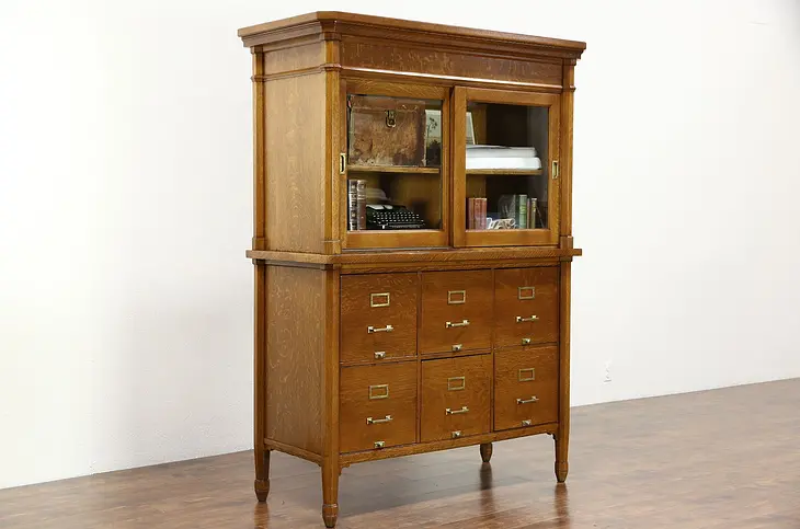 Oak 1900 Antique 6 Drawer File & Glass Door Cabinet, Wis. State Capitol