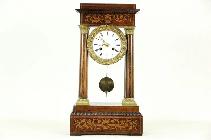 French Empire Antique 1870 Rosewood Marquetry & Bronze Pillar Clock