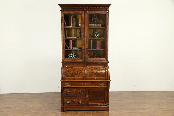 Victorian Antique Walnut Cylinder Roll Top Secretary Desk & Bookcase #30722