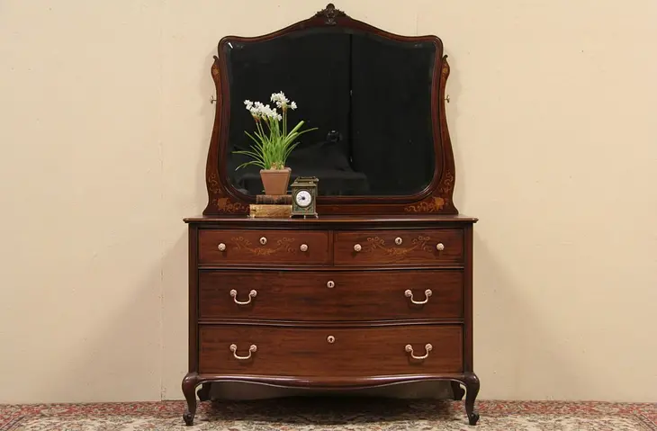 Chest or Dresser Mahogany with Bow Front, Marquetry & Mirror