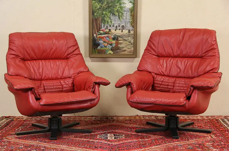 Pair of 1980's Vintage Swivel Red Leather Chairs