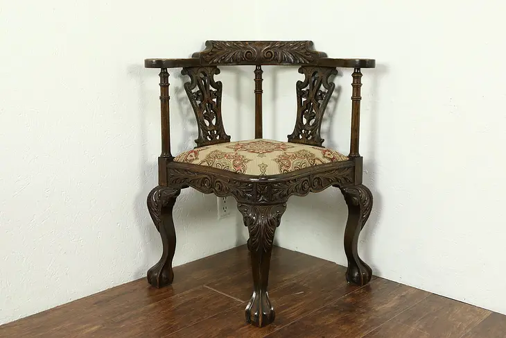 English 1890 Antique Carved Oak Corner Chair, Claw Feet, New Upholstery